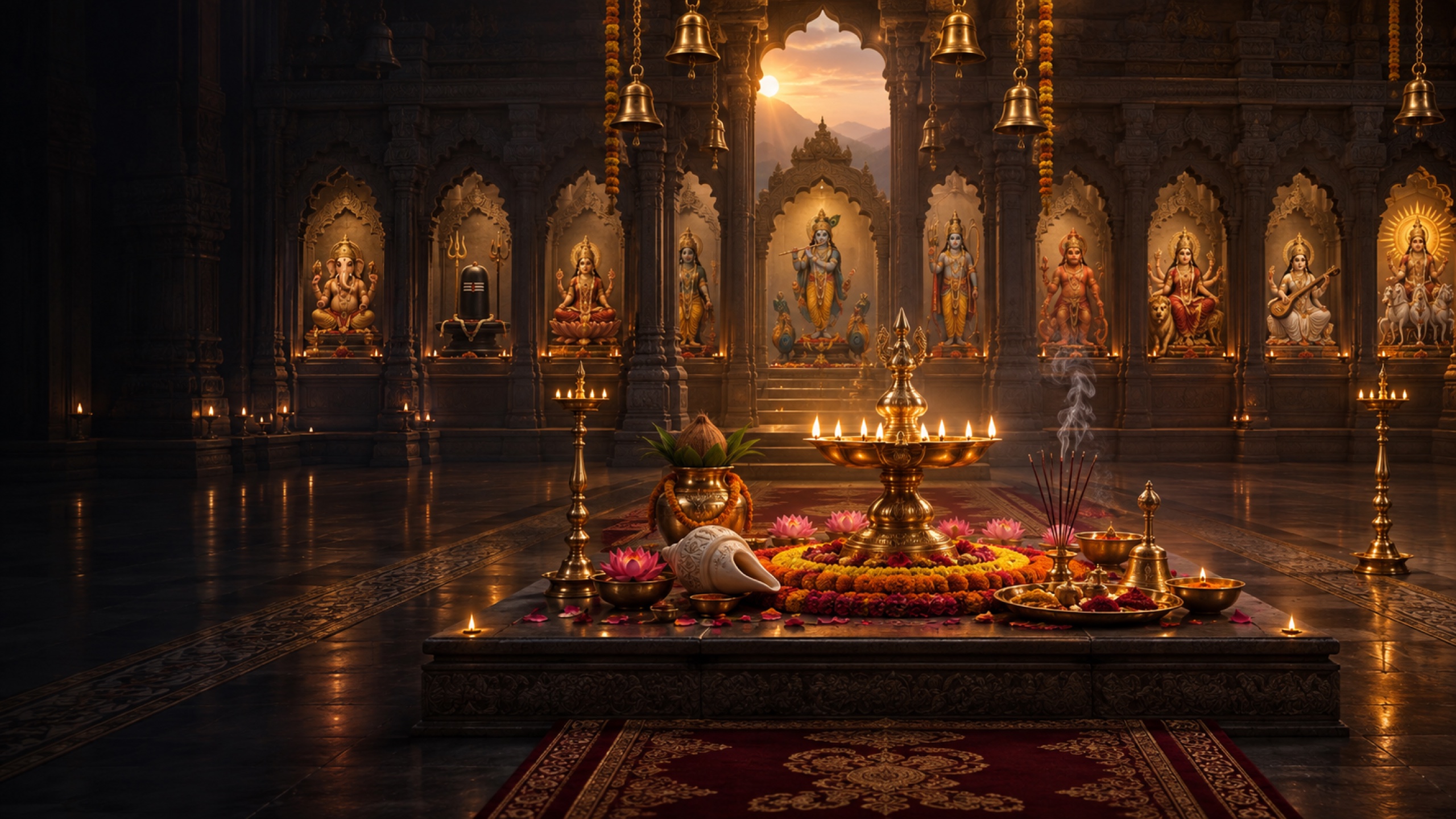 A virtual mandir with devotional shrines, brass lamps, flowers and offerings